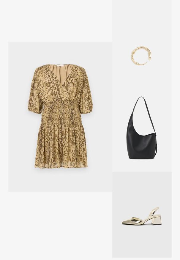 Robe courte beige avec imprimé léopard marron, décolleté en V profond, manches mi-longues bouffantes, et taille et jupe élastiquées froncées.; Talons aiguilles dorés métalliques avec un bout pointu et un talon épais. Texture lisse, design minimaliste et une fine bride.; Sac hobo en cuir noir avec une texture lisse, une forme incurvée et une seule sangle réglable ; dispose d'une large ouverture en haut.; Bague en or ornée d'un design organique et torsadé, avec une texture lisse et des extrémités effilées, créant une apparence moderne et sculpturale.