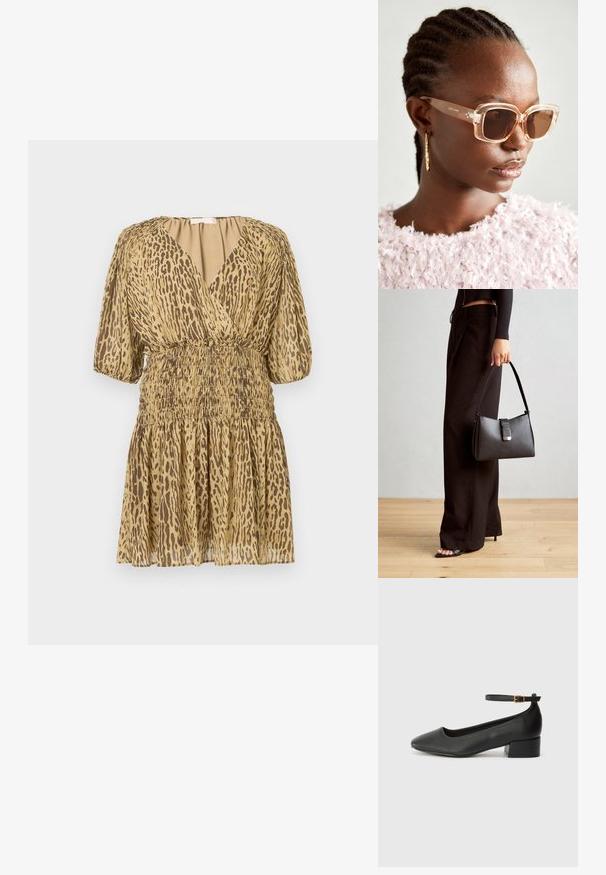 Korte beige jurk met bruin luipaardprint, diepe V-hals, opgeblazen halve mouwen en geraffineerde elastische taille en rok.; Zwarte leren pump met een spitse neus en een lage blokhak. Beschikt over een enkelband met een goudkleurige gespsluiting. Gladde textuur.; Beige oversized zonnebril met een doorzichtig montuur en bruine getinte glazen, met subtiele bloemaccenten en een gedurfde, geometrische ontwerp.; Zwarte handtas met gestructureerde vorm, gladde textuur en een metalen sluiting. Gecombineerd met brede zwarte broeken en sandalen met open teen op een houten vloer.