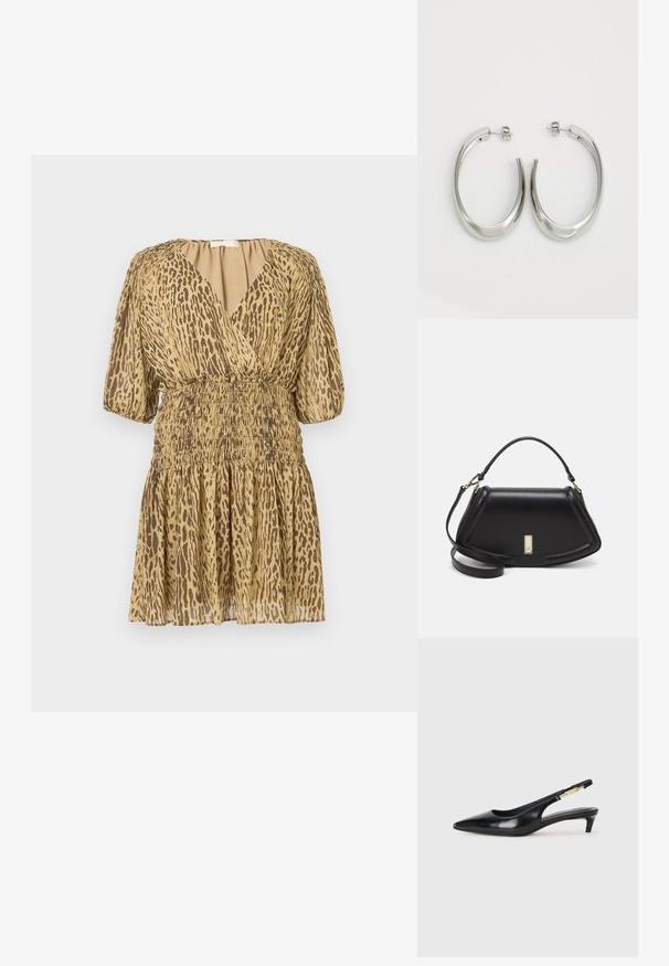 Robe courte beige avec imprimé léopard marron, décolleté en V profond, manches mi-longues bouffantes, et taille et jupe élastiquées froncées.; Talons hauts en cuir noir avec un bout pointu, dotés d'un talon fin et d'un accent en ton or sur la lanière réglable. Texture lisse.; Sac à main en cuir noir avec un design structuré, featuring une forme cropped, une poignée supérieure et des accents en matériel doré. Bandoulière réglable incluse.; Boucles d'oreilles en argent avec un design lisse et courbé. Présentent une finition métallique brillante et une fermeture à clou. Pas de motifs ou d'accents visibles.