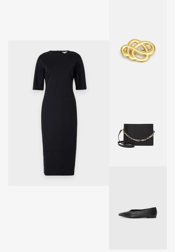 Black, fitted, knee-length dress with short sleeves, round neckline, and a back zipper. Smooth fabric with a subtle sheen.; Black leather ballet flat, pointed toe, minimalistic design, smooth texture, low-profile heel, no visible hardware or embellishments.; Black leather crossbody bag featuring a smooth texture, rectangular shape, and a metallic chain detail on the front. Adjustable strap included.; Gold-tone brooch featuring a knotted design with smooth, curved lines and an intricate shape, reflecting a polished finish.