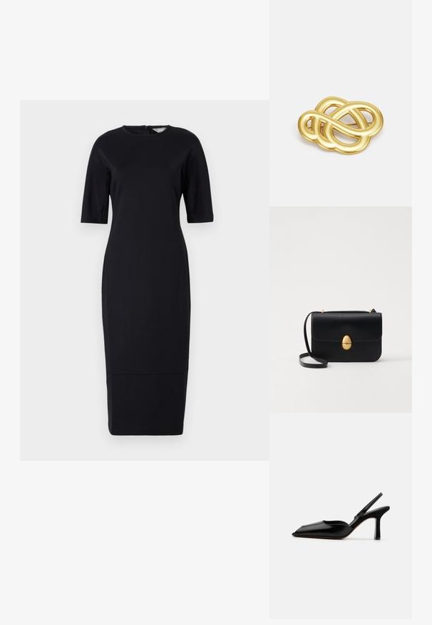 Čierne, priliehavé, šaty po kolená s krátkymi rukávmi, okrúhlym výstrihom a zipsom na chrbte. Hladká tkanina s jemným leskom.; Čierne kožené sandále na podpätku s špicatou špičkou, minimalistický dizajn, tenký remienok okolo členka a elegantný stiletto podpätok. Hladká textúra.; Čierna kožená kabelka so štruktúrovaným obdĺžnikovým tvarom. Obsahuje zlaté oválne zapínanie a tenký ramenný popruh. Hladká textura.; Brošňa v zlatej farbe s uzlovým dizajnom, hladkými, zakrivenými líniami a zložitým tvarom, ktorá odráža leštený povrch.
