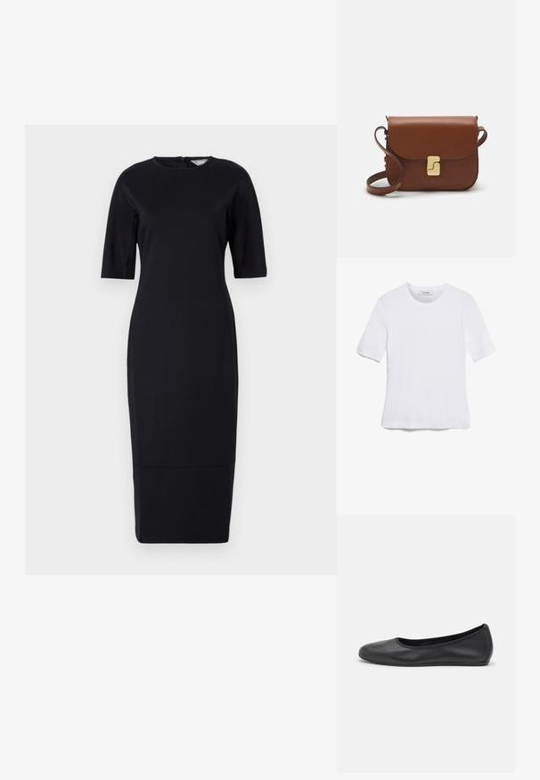 Rochie neagră, ajustată, până la genunchi, cu mâneci scurte, decolteu rotund și fermoar la spate. Material neted cu un luciu subtil.; Tricou alb cu mânecă scurtă, confectionat dintr-un material texturat. Gât rotund, tăietură regulară și detalii subtile de cusătură. Fără modele sau grafice.; Balerini din piele neagră, cu vârf rotund, textură netedă, detalii de cusătură minimale și un design al tălpii flexibil.; Geantă de piele maro cu închidere tip capac, accesorii de culoare aurie, curea de umăr și o textură netedă. Formă compactă și rectangulară.