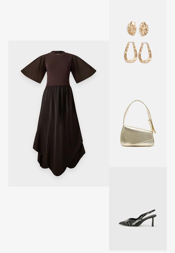Rochie maro cu un corsaj tricotat ajustat și mâneci scurte evazate, tranziționând către o fustă din satin asimetrică și fluidă. Textură netedă pe întreaga suprafață.; Pantofii slingback din piele lăcuită neagră, cu vârf ascuțit, bretele pentru gleznă cu catarame și accesorii din argint, și un toc subțire.; Geantă de umăr metalică aurie cu un design structurat, textură netedă și curea reglabilă. Prezintă o formă triangulară unică și cusături minimaliste.; Cercei aurii cu forme texturate și ondulate. Include studs sculpturale cu clip și un design de cerc deschis cu un finisaj cioplit.