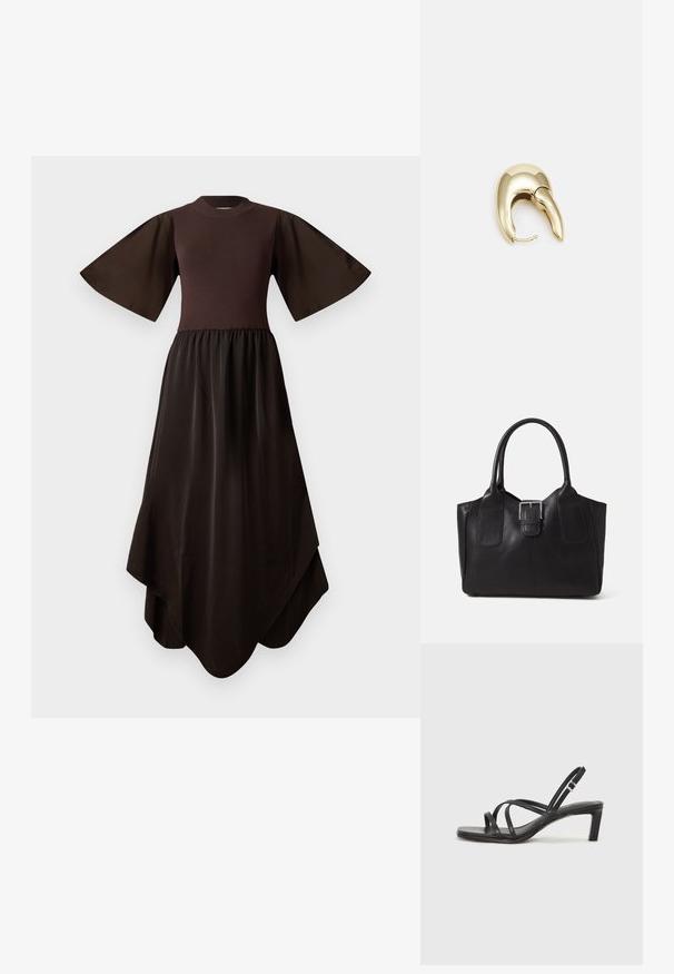 Brązowa sukienka z dopasowanym dzianinowym gorsetem i rozkloszowanymi krótkimi rękawami, przechodząca w zwiewną, asymetryczną satynową spódnicę. Gładka tekstura na całej powierzchni.; Czarne sandały na obcasie z prostokątnym noskiem i niskim słupkowym obcasem. Posiadają wiele cienkich pasków i regulowany pasek na kostkę. Wykonane z gładkiej skóry.; Czarna skórzana torba tote o gładkiej fakturze, usztywnionym kształcie, dwóch uchwytach oraz wyraźnym srebrnym zapięciu na przodzie.; Złote metalowe kolczyki o eleganckim, zakrzywionym kształcie. Posiadają charakterystyczny szpiczasty kształt, polerowaną powierzchnię oraz zapięcie na zawias.