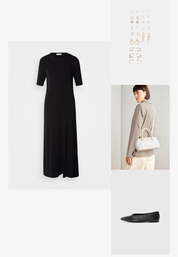 Fekete maxi ruha puha anyagból, rövid ujjakkal, kerek nyakkivágással és laza szabással. Nincsenek látható minták vagy díszítések.; Fekete bőr balettcipő, hegyes orral, minimalista dizájn, sima textúra, alacsony sarkú, látható fémrész vagy díszítés nélkül.; Fehér, strukturált kézitáska rövid füllel és vállpánttal, arany színű fém kiegészítőkkel és texturált anyagból, szürke háttér előtt bemutatva.; Arany tónusú fülbevalók szettje, amely különféle mintákat tartalmaz, beleértve a stift fülbevalókat, karikákat és gyöngyökkel és strasszokkal díszített hosszú fülbevalókat.