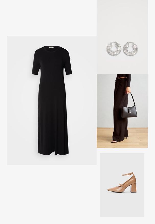 Svart maxikjole laget av myk stoff, med korte ermer, rund hals og løs passform. Ingen synlige mønstre eller detaljer.; Beige patent lærred høye hæler med spiss tå, ankelstropp og kraftig firkantet hæl. Glatt tekstur med blank overflate.; Svart håndveske med strukturert form, jevn tekstur og metallisk lås. Kombinert med brede svarte bukser og sandaler med åpen tå på tregulv.; Sølv hoop øredobber prydet med flere klare krystallpynt, med en teksturert overflate og et åpent sirkulært design.