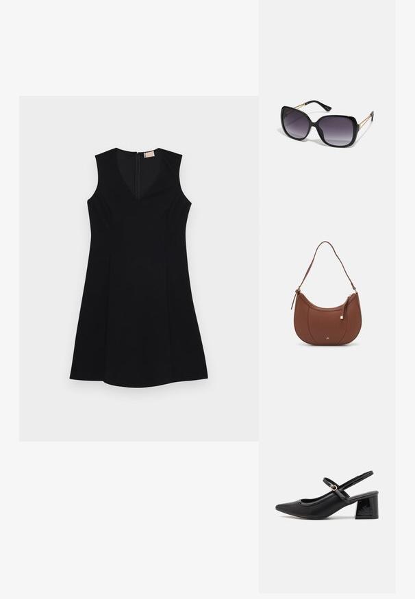 Svart ermeløs kjole med V-hals, svakt utsvingt fasong, glatt stoff og glidelås i ryggen. Minimalistisk design uten mønstre.; Sorte lakk lær slingback hæler med spiss tå, et avrundet utskjæringsdesign og blokkheel. Har en gulltone spenne som detalj.; Sorte oversized solbriller med gradient linser, tykke rammer og detaljering med gulltonekjede på tempelarmene.; Brun kunstlæder skuldertaske med buet form, minimal syning og detaljer i guld-tonet hardware. Har en top lynlås lukning og justerbar rem.