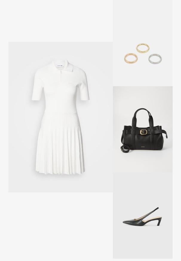 Vestido polo blanco con relieve, de mangas cortas, cremallera y falda con pliegues. Textura suave con un sutil detalle de logo en el pecho.; Zapato negro de punta afilada tipo slingback con un tacón bajo, que presenta un material de cuero suave y un diseño recortado en el lateral para mayor transpirabilidad.; Bolso de cuero negro con un diseño estructurado, doble mango superior, detalle de hebilla en tono dorado y logo de la marca grabado en la parte frontal.; Tres anillos de metal: uno de oro rosado, uno de oro con acentos texturizados y uno de plata, todos con marcas grabadas en la parte interior.