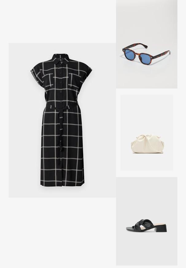 Rochie neagră cu nasturi, cu model în grilă albă, manșete scurte rulate, două buzunare pe piept și o curea asortată la talie.; Sandală din piele neagră cu un design superior twistat, vârf pătrat și toc mic bloc, având o textură netedă și un stil minimalist.; Ochelari de soare țavoasă cu lentile albastre, având un cadru rotund și temple subțiri, evidențiind o textură netedă și detalii de design subtile.; Geantă din faux leather de culoare crem, moale, cu un design pliat, bretele ajustabile și un închizător discret cu șnur. Textură netedă și formă rotunjită.