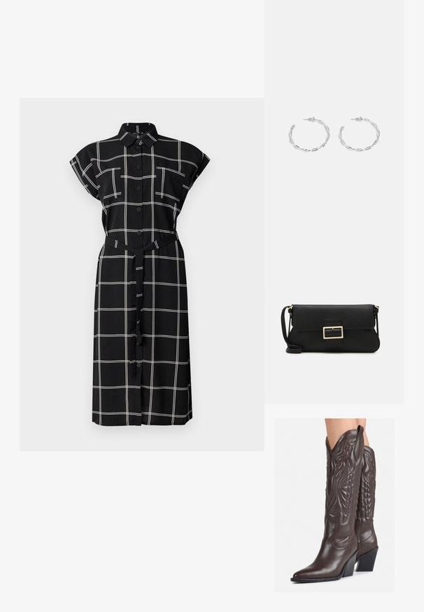 Abito nero con bottoni, motivo a griglia bianca, maniche corte arrotolate, due tasche sul petto e una cintura coordinata in vita.; Stivali da cowboy in pelle marrone con punta affusolata e tacco a blocco, caratterizzati da dettagliati ricami e accenti rialzati sul gambale.; Borsa a mano in pelle nera con patta e dettaglio in metallo dorato. Include una tracolla nera e un design elegante e minimalista.; Orecchini a cerchio in argento con un design torciglionato, caratterizzati da una finitura lucida e chiusura a perno. Misurano circa 3 cm di diametro.