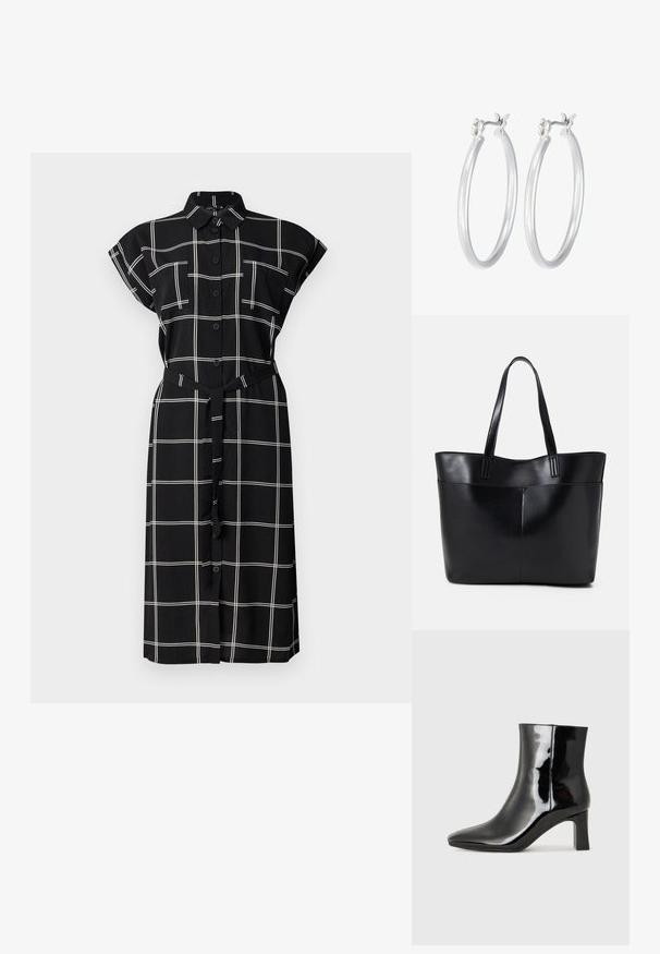 Czarna sukienka z guzikami, w białą kratkę, z krótkimi, podwiniętymi rękawami, dwiema kieszeniami na piersi oraz dopasowanym paskiem w talii.; Czarne lakierowane botki za kostkę z wysmukłym noskiem i średniej wysokości obcasem w kształcie słupka. Gładka tekstura i minimalistyczny design.; Czarna skórzana torba na ramię z dwoma długimi uchwytami, gładką teksturą i sztywną formą. Posiada przednią kieszeń dla dodatkowego przechowywania.; Srebrne kolczyki w formie kółek o gładkim, polerowanym wykończeniu. O okrągłym kształcie i pewnym zapięciu na klik. Lekka konstrukcja odpowiednia do codziennego noszenia.