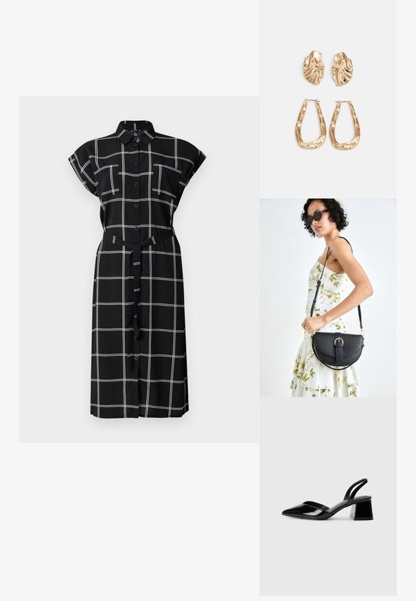 Crna košulja haljina s bijelim kvadratnim uzorkom, kratkim rukavima s prevrnutim rubom, dva džepa na prsima i odgovarajućim remenom u struku.; Crne lakirane kožne sandale s otvorenom petom i špicastim vrhom, s geometrijskom blok petom. Imaju elegantan, minimalistički dizajn i glatku teksturu.; Crna kožna torba s lukovitim oblikom, odvojivim remenom i zlatnim detaljima. Torba ima preklop s kopčom.; Naušnice zlatne boje s teksturiranim, valovitim oblicima. Uključuju skulpturalne kopče i dizajn otvorene kružnice s kovanom završnom obradom.
