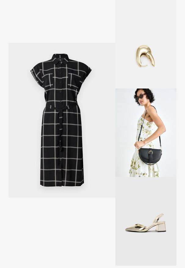 Melnas pogām jāatver kleita ar baltu režģa rakstu, īsām sarullētām piedurknēm, divām krūšu kabatām un saskaņotu jostu viduklī.; Zeltaini, metāla kurpes ar siksniņām, norakans purngalis un masīla papēdis. Gluda tekstūra, minimālisma dizains un šaura siksna.; Melnas ādas rokassoma ar izliekta formu, noņemamu siksnu un zelta aksesuāriem. Somai ir vāciņš ar sprādzes detaļu.; Zeltīti metāla auskari ar gludu, izliekta dizaina. Ar atšķirīgu smailu formu, pulētu virsmu un eņģu aizdari.