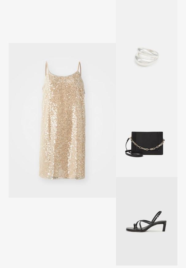 Beige ilma varrukatega kleit, mis on kaetud läikivate sädelustega, sirge lõike ja pehme tekstuuriga, õhukeste reguleeritavate rihmadega.; Mustast rihmajalatsid ruudukujulise varba ja madala ploki kontsaga. Omab mitmeid õhukesi rihmasid ja reguleeritavat pahkluu rihma. Valmistatud siledast nahast.; Mustast nahast õlakott, mis omab siledat tekstuuri, ristküliku kuju ning esiküljel metallketi detaili. Reguleeritav rihm on kaasas.; Hõbedane kahekordne rõngas sujuva, poleeritud pinnaga. Omab voolavat, kõverat disaini, millel on kattuvad sektsioonid, et saavutada kaasaegne ilme.