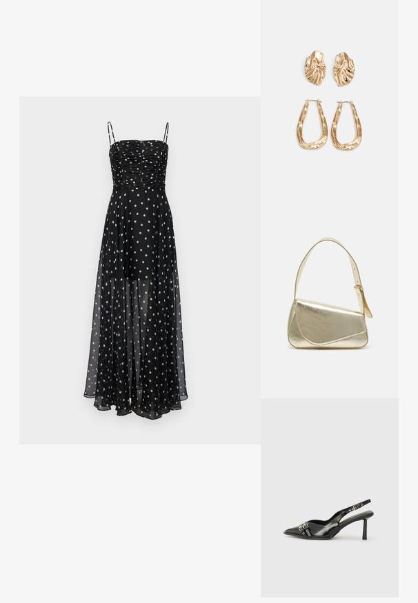 Forever New SHEER SKIRT MAXI DRESS - Maxi šaty - black edmond; Černá lakovaná slingback obuv s špičatou špičkou, kotníkovými pásky s kovovými sponami a příslušenstvím, a štíhlým podpatkem.; Zlatá metalická kabelka se strukturovaným designem, hladkým povrchem a nastavitelným popruhem. Disponuje unikátním trojúhelníkovým tvarem a minimalistickým prošitím.; Náušnice ve zlatém tónu s texturovanými, vlnitými tvary. Obsahují sochařské klipy a design otevřeného kruhu s kladivkovým povrchem.