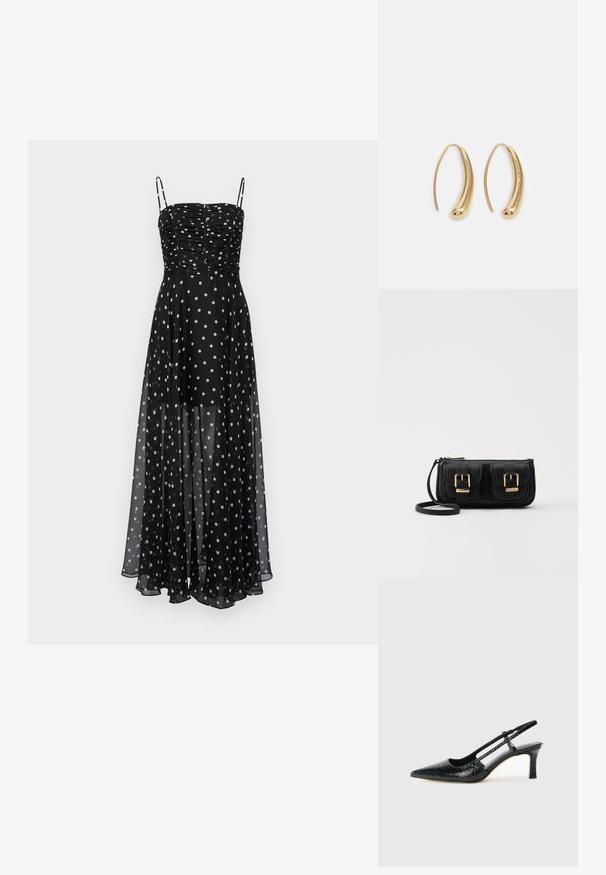 Forever New SHEER SKIRT MAXI DRESS - Maxi dress - black edmond; Black patent slingback heel with a pointed toe, featuring textured snake print, adjustable strap, and a short, textured block heel.; Black leather crossbody bag with two front pockets, gold buckles, zipper closure, and a slim strap. Textured surface and compact rectangular shape.; Gold-tone metal hoop earrings with a curved, elongated shape. Features a smooth, shiny surface and a rounded tip for added detail.