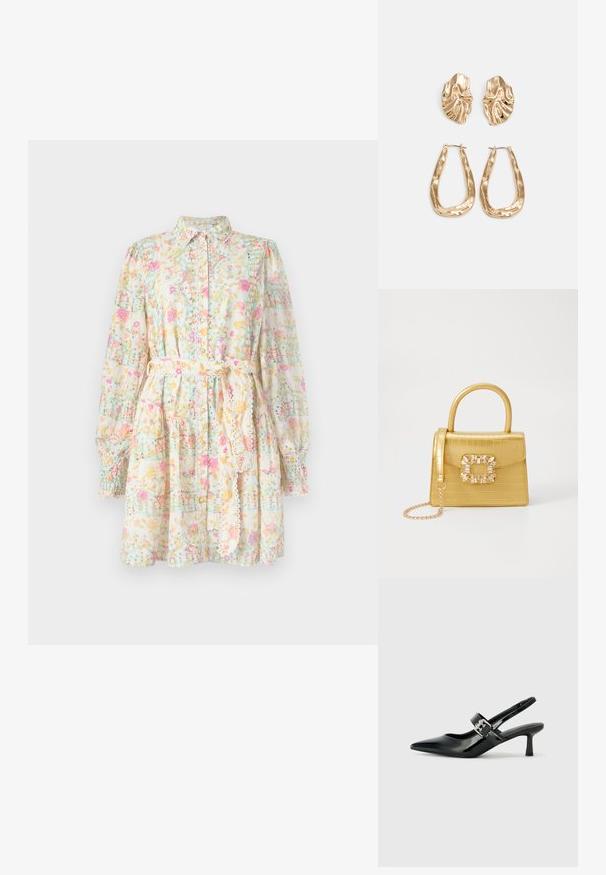 Vestido floral em tecido leve, com decote de gola, mangas longas bufantes, cinto amarrado e estampado com flores em tons pastel e linhas de grade.; Saltos slingback em verniz preto com bico pontiagudo e um pequeno salto bloco, apresentando um detalhe de fivela prateada na tira.; Bolsa amarela em pele de crocodilo falsa, com um design estruturado, pega no topo, alça de corrente removível e decoração de cristal no fecho.; Brincos em tom de ouro com formas onduladas e texturizadas. Inclui studs escultóricos com presilha e um design de argola aberta com um acabamento martelado.
