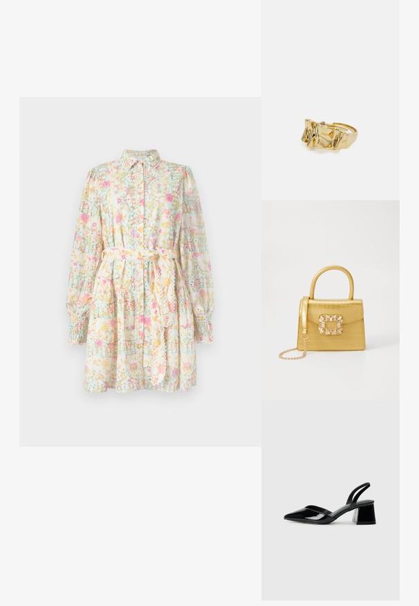 Gėlių suknelė iš lengvos medžiagos, su apykakle, ilgomis pūstomis rankovėmis, surišamu diržu, dekoruota pastelinių spalvų gėlėmis ir tinklo raštais.; Juodos lakuotos odinės šlepetės su smailiu pirštu ir geometriniu bloko kulnu. Turi elegantišką, minimalistinį dizainą ir lygų paviršių.; Geltonas dirbtinės krokodilo odos rankinukas su standžiu dizainu, viršutine rankena, nuimamu grandininiu dirželiu ir dekoratyviniu krištolo papuošimu ant užsegimo.; Aukso žiedas su tekstūruotu, banguotu dizainu, turintis tris iškilias viršūnes. Lygus, blizgus paviršius su atviromis juostelėmis, leidžiančiomis reguliuoti dydį.