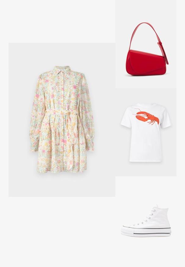 Gėlių suknelė iš lengvos medžiagos, su apykakle, ilgomis pūstomis rankovėmis, surišamu diržu, dekoruota pastelinių spalvų gėlėmis ir tinklo raštais.; Balta medvilnė marškinėliai su dideliu, ryškiu raudonu omaru grafiku priekyje. Trumpomis rankovėmis ir standartiniu apvaliu kaklu.; Balti aukštakulniai drobės sportbačiai su juodu guminio pado, priekinio guminio piršto dangteliu ir šešiais akytėmis raištams, pasižymintys švariu, minimalistiniu dizainu.; Raudona odinė rankinė su kampuota, geometrine forma. Pasižymi viena reguliuojama dirželiu ir dangteliu su siuvinėtais dekoracijomis.