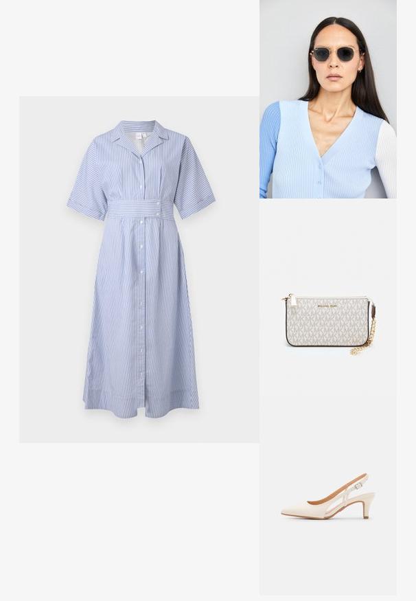 Abito a righe in blu chiaro e bianco, con colletto, maniche corte, patta con bottoni e una vita cinquecentata per un effetto sagomato.; Slingback bianco con punta affusolata, materiale superiore liscio, tacco basso a blocco e design con ritagli laterali, dotato di cinturino regolabile con fibbia.; Occhiali da sole rotondi con lenti scure e montatura dorata. Il modello indossa un cardigan leggero azzurro a costine con bottoni e maniche bianche a contrasto.; Wristlet Michael Kors in tela rivestita beige con motivo a logo MK ripetuto, hardware dorato e tracolla a catena staccabile.