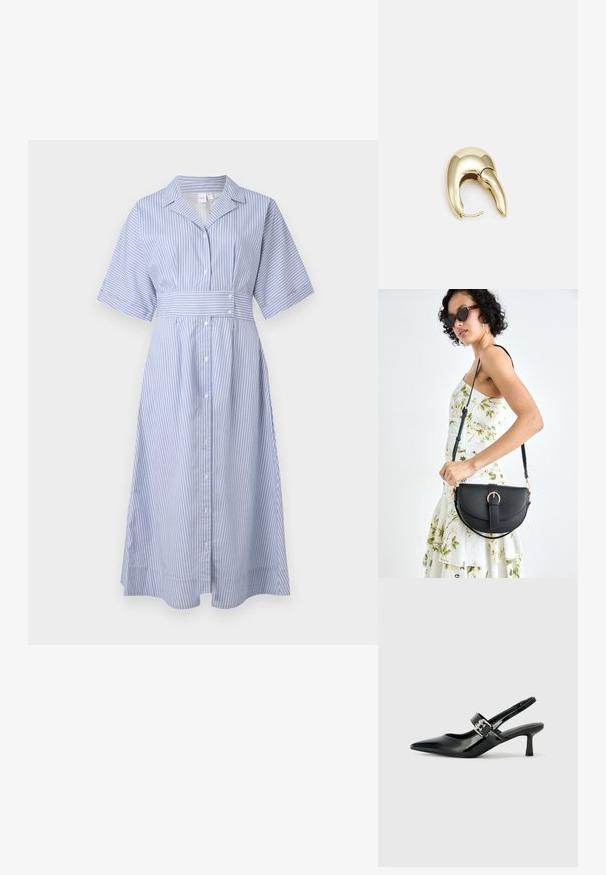 Pruhované šaty ve světle modré a bílé barvě, s límečkem, krátkými rukávy, zapínáním na knoflíky a páskem v oblasti pasu pro tvarování.; Černé lakované boty na podpatku typu slingback s špičatou špičkou a malým blokovým podpatkem, které mají na pásku stříbrný přezkový akcent.; Černá kožená kabelka s křivkovým tvarem, odnímatelným popruhem a zlatými detaily. Kabelka má klopu s přezkou.; Náušnice ve zlatém tónu z kovu s elegantním zakřiveným designem. Vyznačují se jedinečným špičatým tvarem, lesklým povrchem a závěsem na kloub.
