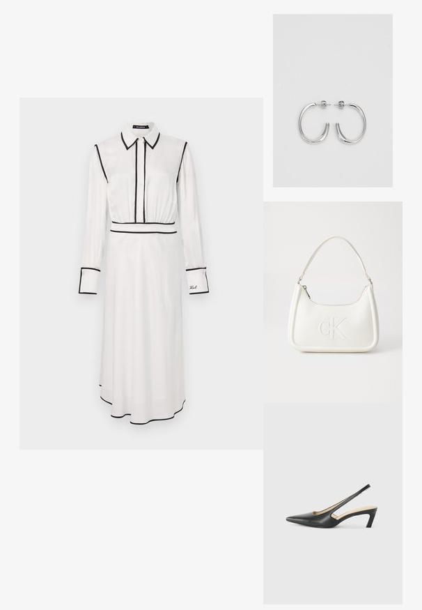 Valge särgkleit mustade ääristega, kaelusega, pikkade varrukatega, nööpide ees ja A-line siluetiga. Omab tikitud detaile varrukal.; Must mustaga, terav varvas, madala kontsaga sildiga king, mis on valmistatud siledast nahast ja mille küljel on lõike disain hingavuse tagamiseks.; Valge nahast käekott, millel on kumer kuju, esiküljel on reljeefne "CK" logo ja üks õlavarre rihm. Ülemine tõmblukkuu.; Hõbedast rõngaskõrvarõngad sileda ja läikiva pinnaga, kõveriku kujuga ning postitaksega sulgur. Minimalistlik disain kaasaegse viimistlusega.
