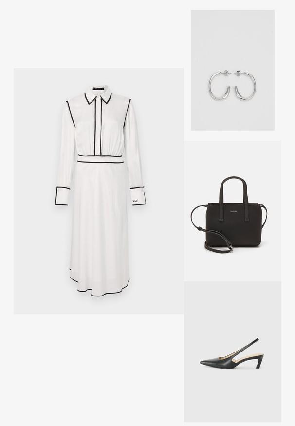 Bela obleka s kratkimi rokavi, črnim obrobo, ovratnikom, dolgimi rokavi, gumbnim zapiranjem in A-linijo. Ima vezenine na rokavu.; Črne čevlje s koničastimi nosovi in slingback obliko z nizko peto, izdelane iz gladke usnjene materiale ter s črtasto zasnovo na strani za prezračevanje.; Črna torbica z dvema kratkima ročajema in odstranljivim naramnim trakom. Gladek usnju podoben material z zadrgo in podrobnostmi z logotipom.; Srebrne obročaste uhane z gladko, sijočo površino. Zaobljena oblika, lahka zasnova, z zapiranjem na zatič.