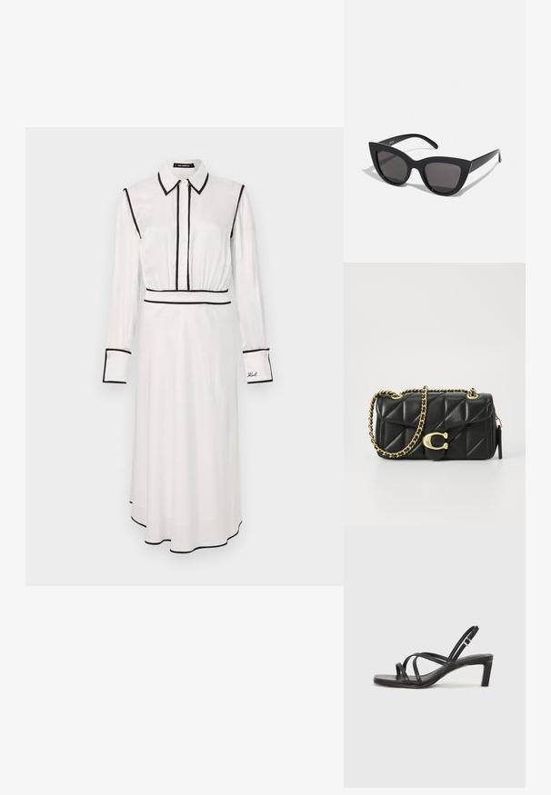 Rochie albă cu detalii negre, guler, mâneci lungi, închidere cu nasturi și o siluetă în formă de A. Prezintă detalii brodate pe mânecă.; Sandal cu barete negre, cu vârf pătrat și toc mic de bloc. Prezintă mai multe barete subțiri și o bareta ajustabilă la gleznă. Fabricat din piele netedă.; Ochelari de soare negri, forma cat-eye, cu un finisaj mat, având lentile gri și unghiuri ascuțite, precum și brațe laterale elegante. Numele brandului este vizibil pe brațul interior.; Poșeta neagră din piele matlasată cu o curea din lanț auriu și un închizător cu toggle care are un accent circular. Formă compactă și rectangulară.
