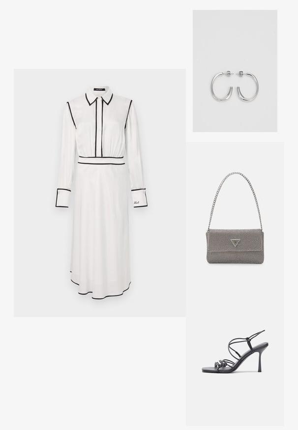 Fehér ingruha fekete díszítéssel, galléros nyakkal, hosszú ujjakkal, gombos elejével és A-vonalú sziluettel. Hímzett részlet található a ujján.; Fekete magas sarkú szandálok vékony pántokkal, csomózott mintával, sima négyzetes orral és karcsú stiletto sarkal rendelkeznek.; Világosszürke fémes kézitáska lánc pánttal, kis kör alakú fém kifinomult díszítéssel és háromszög alakú márkagéppel.; Ezüst karika fülbevalók sima, fényes felülettel. Lekerekített forma, könnyű kialakítással, tűs zárómechanizmussal.