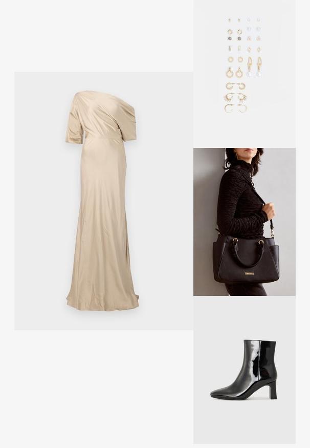 Malina MARISA piaskowy; Czarne lakierowane botki za kostkę z wysmukłym noskiem i średniej wysokości obcasem w kształcie słupka. Gładka tekstura i minimalistyczny design.; Czarna torebka z teksturowanej powierzchni, podwójnymi uchwytami na górze i regulowanym paskiem na ramię. Posiada złote okucia i boczne kieszenie.; Zestaw kolczyków w kolorze złotym, zawierający różne wzory, w tym klipsy, kółka oraz zwisające elementy z perłami i cyrkoniami.