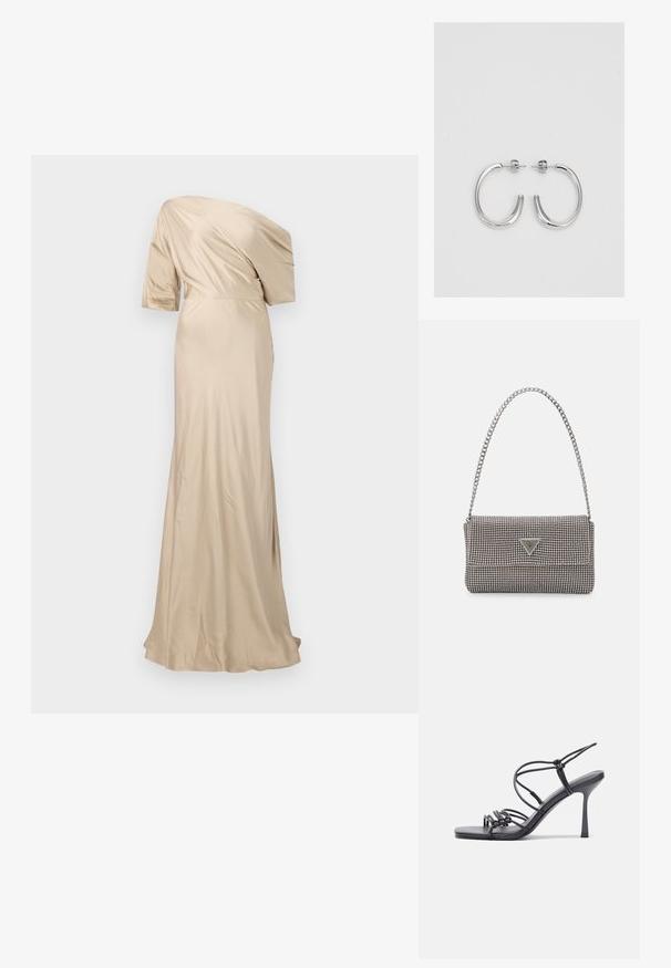 Malina MARISA ASYMMETRICAL - Proginė apranga - champagne; Juodos aukštakulnės sandalai pasižymi plonyčiais dirželiais su mazgo dizainu, lygiu kvadratiniu pirštu ir elegantišku stiletto kulnu.; Šviesiai pilka metalinė rankinė su grandinėlės dirželiu, papuošta mažais apvaliais metaliniais smeigėmis ir trikampiu prekės ženklu.; Sidabrinės auskarai žiedai su lygiu, blizgiu paviršiumi. Suapvalinta forma, lengvas dizainas, su uždarymu ant smeigtuko.