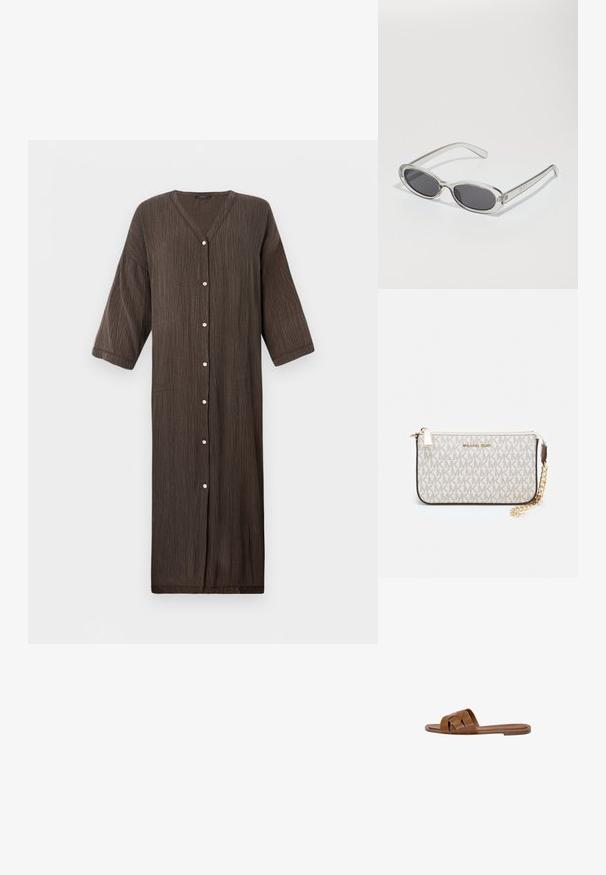 Rochie lungă, maro, texturată, cu decolteu în V, mâneci trei sferturi și închidere cu nasturi pe față. Țesătură netedă cu dungi verticale.; Sandal din piele maro, tip slide, cu bretele încrucișate, talpă plată și o textură netedă. Design simplu, fără embellishments sau modele.; Ochelari de soare cu formă ovală, ramă din plastic transparent, lentile gri închis și brațe subțiri transparente cu accente de logo și detalii minime.; Clutch Michael Kors din canva acoperit bej, cu un model repetitiv al logo-ului MK, accesorii din aur și o curea cu lanț detașabil.