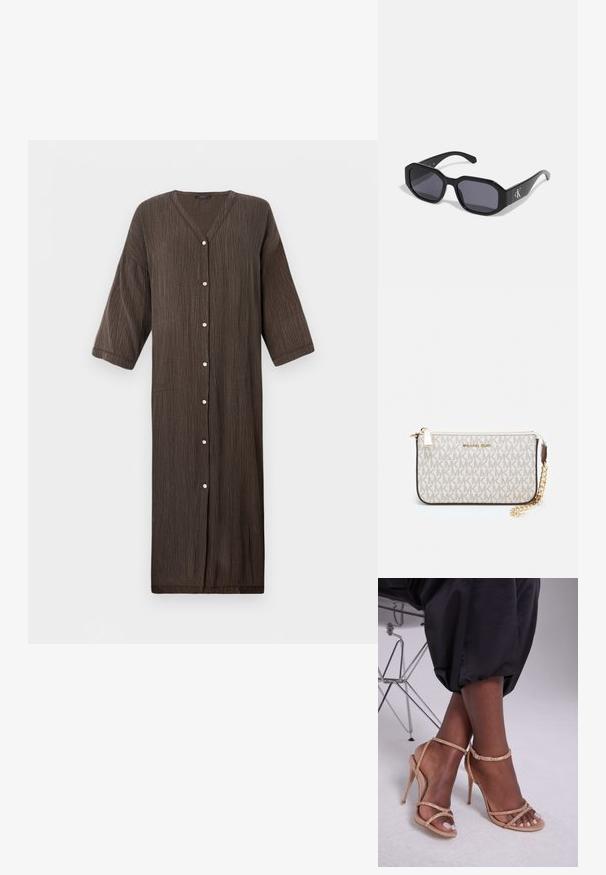 Dlouhé, hnědé, texturované šaty s výstřihem do V, třičtvrtinovými rukávy a zapínáním na knoflíky vpředu. Hladká látka s vertikálními pruhy.; Béžové sandály na podpatku s krystalovými ozdobami, otevřenou špičkou, tenkými pásky a elegantním siluetou.; Černé sluneční brýle s osmistěnným rámem, tmavými skly, lesklým plastovým materiálem a stříbrným logem na jedné straně.; Kabelka na zápěstí Michael Kors v béžové potažené plátno s opakujícím se vzorem loga MK, zlatými kovovými doplňky a odnímatelným řetízkovým popruhem.; Zlaté kovové náušnice s vlnitým designem; hladký, lesklý povrch; asymetrický tvar; žádné viditelné vzory nebo hardware.