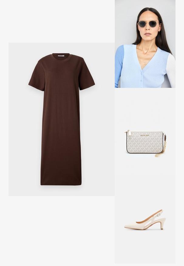 Rochie din bumbac maro, cu maneci scurte, guler rotund și siluetă lejeră, dreaptă. Textură fină și detalii de design minime.; Sandaie cu toc alb, cu vârful ascuțit, material superior neted, toc mic tip bloc și design cu decupaj lateral, cu curea ajustabilă.; Ochelari de soare rotunzi cu lentile întunecate și rame aurii. Modelul poartă un cardigan ribbed de culoare albastru deschis cu nasturi și mâneci albe în contrast.; Clutch Michael Kors din canva acoperit bej, cu un model repetitiv al logo-ului MK, accesorii din aur și o curea cu lanț detașabil.