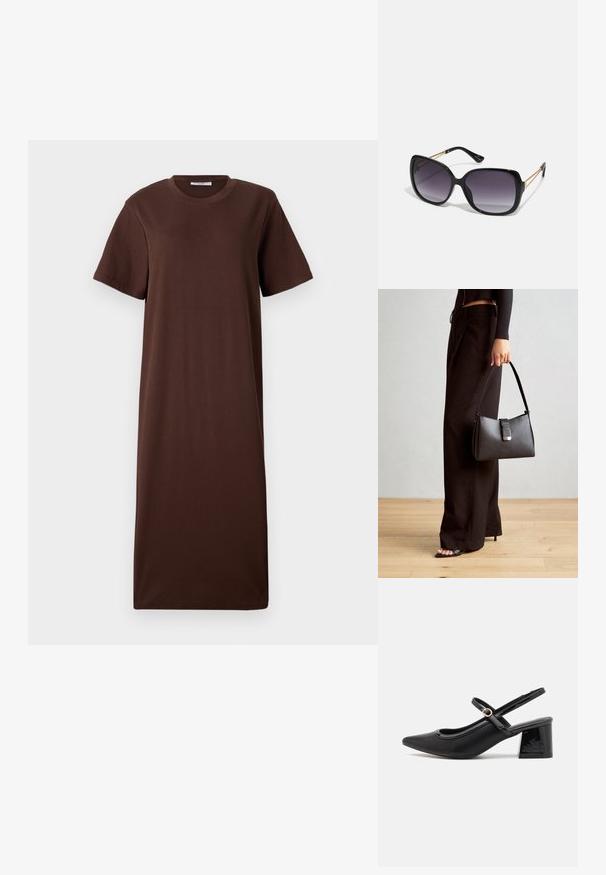Hnědé bavlněné šaty ve tvaru trička s krátkými rukávy, kulatým výstřihem a volným, rovný siluetou. Hladká textura a minimální designové prvky.; Černé lakované lodičky s otevřenou patou, špičatou špičkou, zaobleným střihem a blokovým podpatkem. Zdobené akcentem v zlatém tónu.; Černé oversized sluneční brýle se gradientními skly, silnými rámy a zlatými řetízkovými detaily na nožičkách.; Černá kabelka se strukturovaným tvarem, hladkým povrchem a kovovým uzávěrem. Kombinována s širokými černými kalhotami a sandály s otevřenou špičkou na dřevěné podlaze.