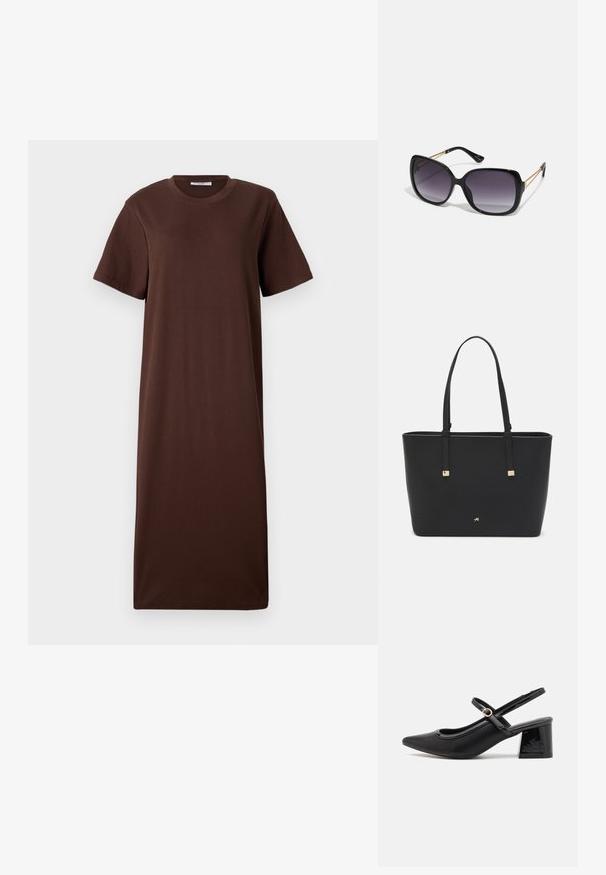 Barna pamut pólóruha rövid ujjakkal, kerek nyakkivágással és laza, egyenes siluettel. Sima textúra és minimális dizájn részletek.; Fekete lakk bőr, pántos magassarkú cipő, hegyes orral, lekerekített kivágással és tömbsarkal. Arany színű csat díszíti.; Fekete, oversize napszemüveg fokozatos árnyalatú lencsékkel, vastag kerettel és arany színű lánc díszítéssel a szárakon.; Fekete tote táska szintetikus anyagból, egyszerű téglalap formájú dizájnnal, arany négyzet díszítésekkel és dupla fogantyúkkal.
