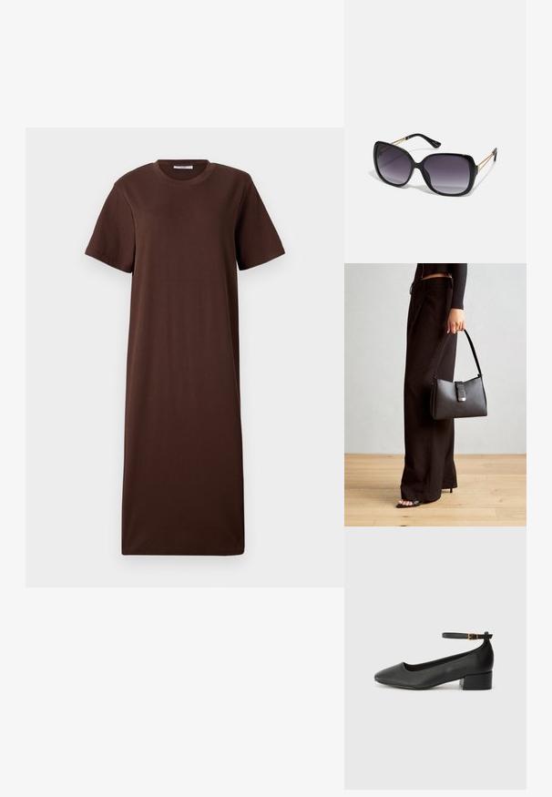 Vestido de camiseta de algodón marrón con mangas cortas, escote redondo y una silueta suelta y recta. Textura suave y detalles de diseño mínimos.; Zapato de tacón negro de cuero con punta afilada y tacón bajo cuadrado. Presenta una correa para el tobillo con una hebilla en tono dorado. Textura suave.; Gafas de sol negras de gran tamaño con lentes degradados, montura gruesa y detalles de cadena en tono dorado en las patillas.; Bolso negro con forma estructurada, textura suave y un cierre metálico. Combinado con pantalones anchos negros y sandalias de dedo en un suelo de madera.