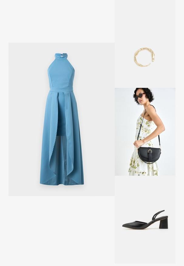 Halteriukės suknelė šviesiai mėlynos spalvos audiniu, išsiskirianti prigludusia liemene ir asimetriniu aukštu/suknelės ilgiu, turinti laisvai krentančią medžiagą.; Juodi smailėmis pirštų slingback bateliai, pagaminti iš lygaus odos, su žemu bloko kulnu ir plonomis juostelėmis gale, užtikrinančiomis patogų prigludimą.; Juodas odinis krepšys su išlenkta forma, nuimamu dirželiu ir auksiniais detalėmis. Krepšys turi kilpą su sagtimi.; Auksinės spalvos žiedas, turintis organišką, sukimosi dizainą su lygiu paviršiumi ir siaurėjančiais galais, sukuriantis modernią skulptūrinę išvaizdą.