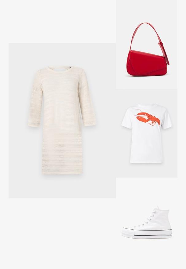 Knee-length krämfärgad klänning med trekvartsärmar, som har ett texturerat mönster av horisontella ränder. Rund halsringning, lätt stickat material.; Vit bomull t-shirt med en stor, lysande röd hummergrafik på framsidan. Kortsleeves och standard rundad halsdesign.; Vit hög topp canvas sneaker med svart gummisulan, framsidan gummitåhätta och sex öglor för snören, med en ren, minimalistisk design.; Röd läderhandväska med en vinkelrät, geometrisk design. Har ett justerbart axelband och en klaffstängning med sydda detaljer.