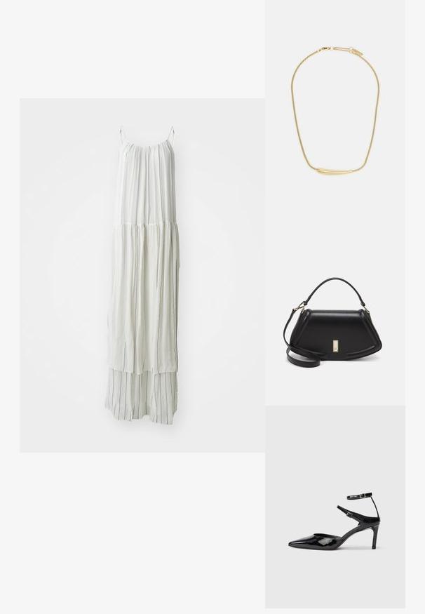 Rochie lungă albă dintr-un material ușor. Prezintă dungi verticale texturate și o siluetă fluidă cu bretele subțiri.; Cizme cu toc din piele lacuită neagră, cu vârf ascuțit, curele reglabile la gleznă și un toc subțire. Textură netedă cu un finisaj lucios.; Geantă de umăr din piele neagră, cu un design structurat, având o formă tăiată, mânere superioare și accente din aur. Include o curea de umăr ajustabilă.; Colier placat cu aur, cu un accent central neted și curbat. Dispune de o chaină flexibilă cu un închizător tip homar și link-uri suplimentare ajustabile.