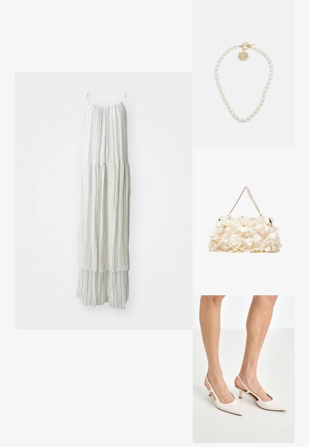 Largo vestido blanco hecho de una tela ligera. Presenta rayas verticales texturizadas y una silueta fluida con tirantes finos.; Tacones slingback de charol beige con punta afilada y un tacón de 5 cm, con lados recortados y una delgada correa en el tobillo.; Bolso floral blanco con superficie de tela fruncida, correa de cadena en tono dorado y cierre de metal. Presenta pétalos texturizados para un detalle adicional.; Lauren Ralph Lauren COLLAR - Collar - gold-coloured/white
