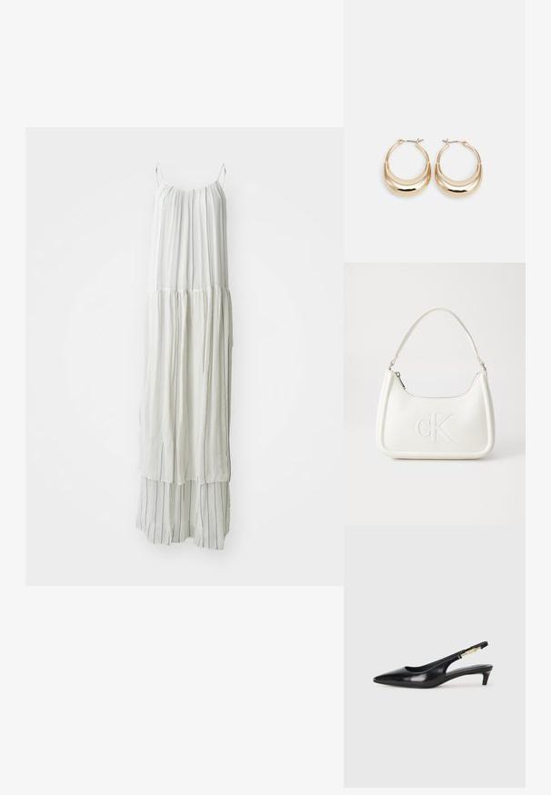 Dlouhé bílé šaty z lehké tkaniny. Mají vertikální texturované pruhy a splývavý střih s tenkými ramínky.; Černé kožené boty na podpatku s otevřenou patou a špičatou špičkou, s tenkým podpatkem a zlatým akcentem na nastavitelném pásku. Hladký povrch.; Bílá kožená kabelka s křivkovým tvarem, na přední straně s vyraženým logem "CK" a jediným ramenním popruhem. Zipový uzávěr na vrchu.; Náušnice ve tvaru kroužku zlaté barvy s půlměsícovým tvarem, lesklým povrchem a závěrečným uzávěrem. Hladká textura a reflexní povrch zvyšují viditelnost.