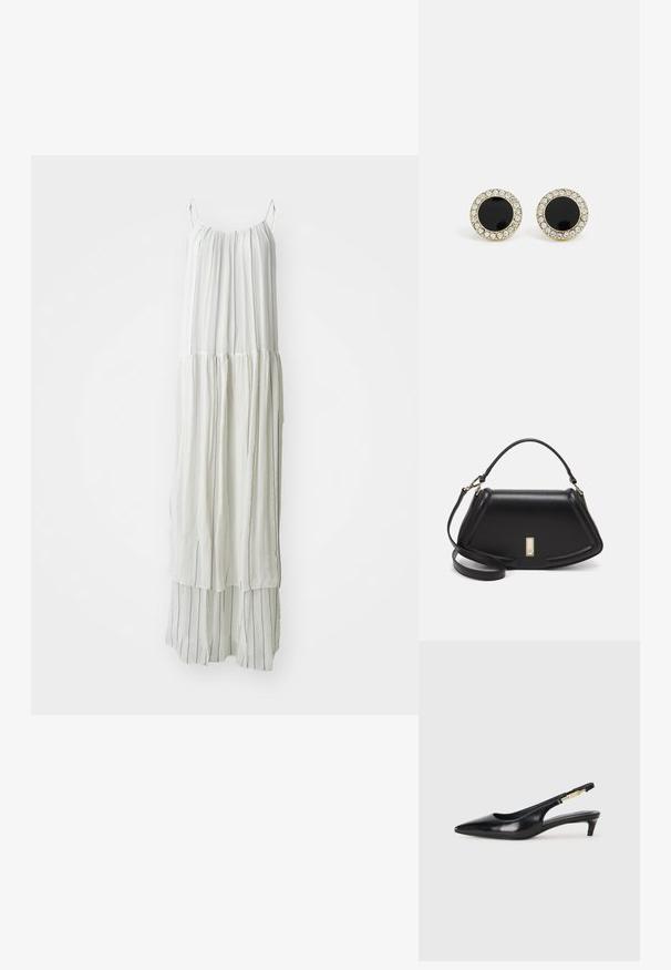 Hosszú, könnyű anyagból készült fehér ruha. Függőleges, texturált csíkokkal és légies szsilhuettel rendelkezik, vékony pántokkal.; Fekete bőr slingback magassarkúk, hegyes orral, vékony sarkakkal és arany színű részlettel a állítható pánton. Simа felület.; Fekete bőr kézitáska, strukturált dizájnnal, rövidített formával, felső fogantyúval és arany színű kiegészítőkkel. Állítható vállpánt is tartozik hozzá.; DKNY INLAY STUD - Fülbevalók - black/gold-coloured