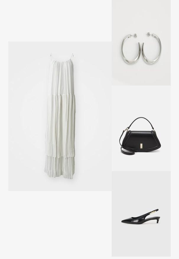 Long white dress made of lightweight fabric. Features vertical textured stripes and a flowing silhouette with thin straps.; Black leather slingback heels with a pointed toe, featuring a slim heel and a gold-tone accent on the adjustable strap. Smooth texture.; Black leather handbag with a structured design, featuring a cropped shape, top handle, and gold hardware accent. Adjustable shoulder strap included.; Silver hoop earrings with a smooth, curved design. Features a shiny metallic finish and stud closure. No visible patterns or accents.
