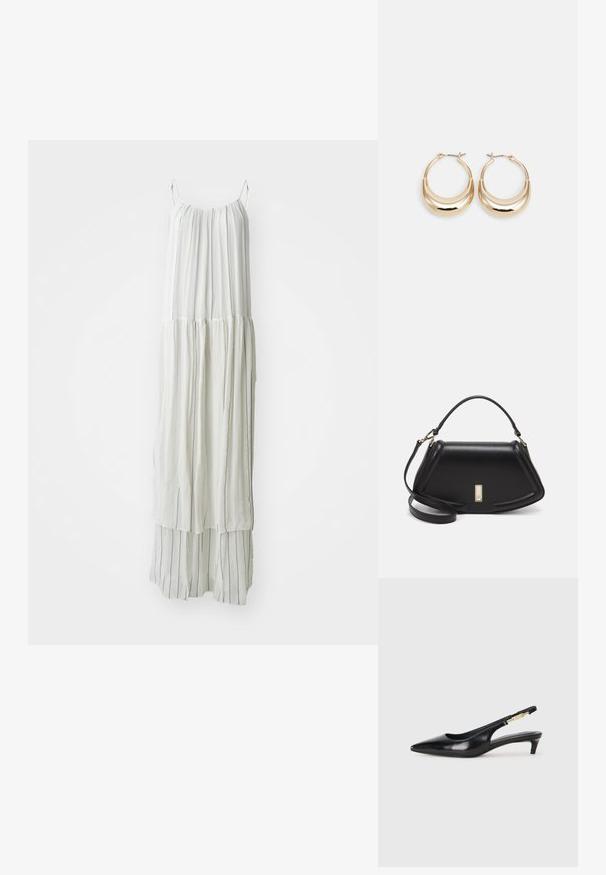 Dolga bela obleka iz lahkega materiala. Ima vertikalne teksturirane črte in lepe silhuete s tankimi naramnicami.; Črne usnjene sandale na peto z ostro konico, ki imajo tanko peto in zlat ton na nastavljivem traku. Gladka tekstura.; Črna usnjena torbica s strukturnim dizajnom, ki ima skrajšano obliko, zgornji ročaj in zlate dodatke. Vključena je nastavljiva ramenska naramnica.; Zlato obarvani uhani v obliki obroča s polmesecem, polirna površina in zaklepanje s tečajem. Gladka tekstura in odsevna površina povečujeta vidnost.