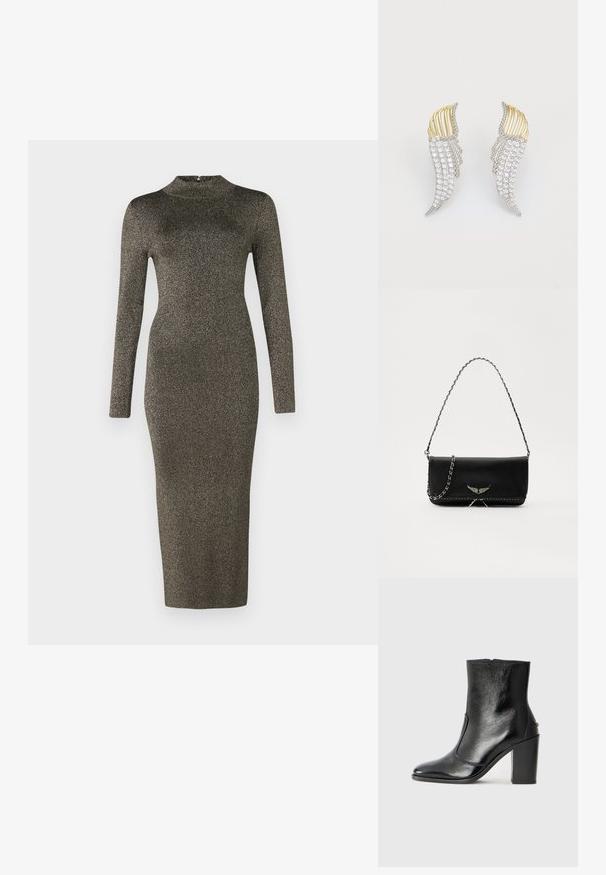Vestido midi de manga larga y ajustado en tela metálica oscura con cuello alto. Textura suave y detalles mínimos. Degradado de color de oscuro a claro.; Botín negro de cuero con textura suave, puntera puntiaguda y un tacón alto y robusto. Presenta una apertura lateral y un diseño minimalista.; Bolso de mano de cuero negro con una correa de cadena plateada, que presenta acentos decorativos en forma de alas y costuras blancas a lo largo de la costura inferior.; Pendientes en forma de ala con metal de tono plateado, adornados con brillantes de corte redondo y claros, y detalles en metal de tono dorado en un diseño en capas.