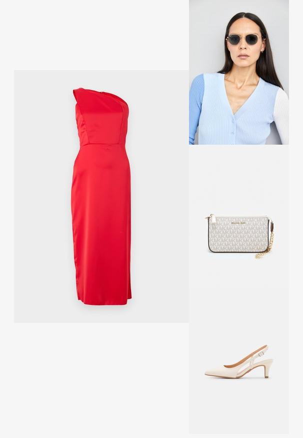Raudonas satino suknelė su viena petneša ir prigludusia siluetu, pasižyminti lygiu paviršiumi ir ilgu, tiesiu kirpimu iki apačios.; Balti slingback kulniukai su smailiu pirštu, lygia viršutine medžiaga, žemu blokuotu kulnu ir šoniniu išpjovimu su reguliuojamu sagtimi.; Apskriti saulės akiniai su tamsiais objektyvais ir auksiniais rėmeliais. Modelis vilki šviesiai mėlyną, raukinį kardiganą su mygtukais ir kontrastingomis baltomis rankovėmis.; Michael Kors rankinė smėlio spalvos dengto kanvoje su pakartotiniu MK logotipo raštu, auksinėmis detalėmis ir nuimamu grandininiu dirželiu.