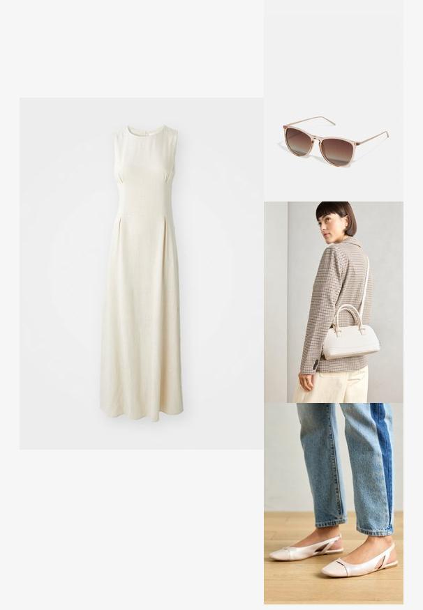 Suknja maxi brez rokavov v kremni barvi, izdelana iz teksturirane tkanine, z okroglim izrezom in nežnimi naborki spredaj.; Svijetloružičaste slingback balerinke s šiljastim nožnim prstima, napravljene od glatkog materijala nalik koži. Imaju izrezane detalje sa strane i ravne pete.; Rjavi gradient sončna očala s prozornim roza okvirjem, kvadratne oblike in tankimi kovinskimi ročaji. Imajo zaobljene robove in minimalne detajle.; Bela strukturirana torba z kratkimi ročaji in naramnim trakom, z zlatimi okrasnimi elementi in teksturiranim materialom, prikazana na sivi podlagi.
