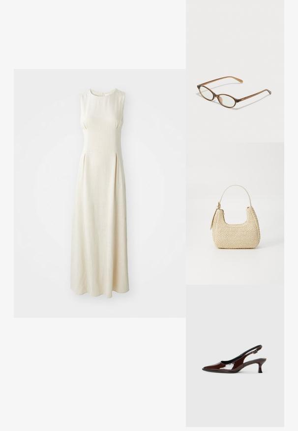 Sleeveless, cream-colored maxi dress made of textured fabric, featuring a round neckline and subtle pleats at the front.; Brown patent leather slingback shoe with a pointed toe and a moderate heel. Features a buckle strap for secure fit. Smooth texture.; Brown tortoiseshell glasses with oval lenses, thin arms, and transparent accents. Features a subtle logo on the temple. Sleek, lightweight design.; Woven straw handbag in beige with a curved shape, a short handle, and a side zipper. Features textured surface and minimalistic design.
