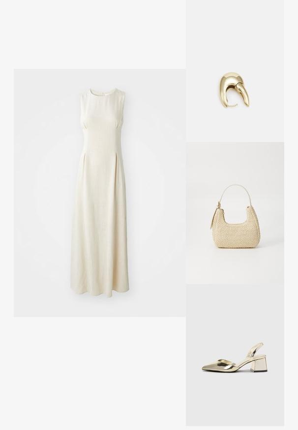 Bez piedurknēm, krēmkrāsas maksi kleita, kas izgatavota no teksturēta auduma, ar apaļu kakla griezumu un maziem krokiem priekšpusē.; Zeltaini, metāla kurpes ar siksniņām, norakans purngalis un masīla papēdis. Gluda tekstūra, minimālisma dizains un šaura siksna.; Aušana salmu rokassoma béigā krāsā ar izliekto formu, īsu rokturi un sānu rāvējslēdzēju. Iespējas teksturēta virsma un minimālistisks dizains.; Zeltīti metāla auskari ar gludu, izliekta dizaina. Ar atšķirīgu smailu formu, pulētu virsmu un eņģu aizdari.